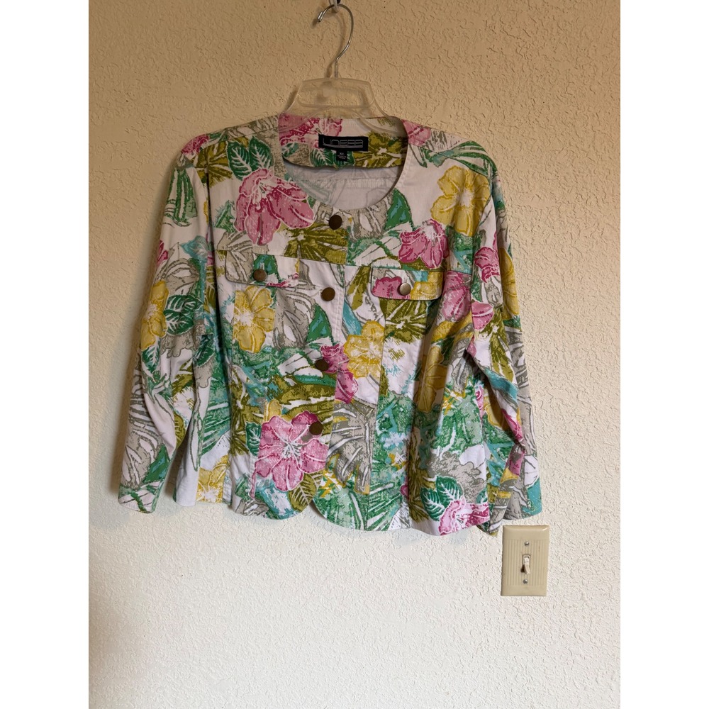 Linear Womens XL Floral Tropical Button Front Jacket Pink Green White T22667M